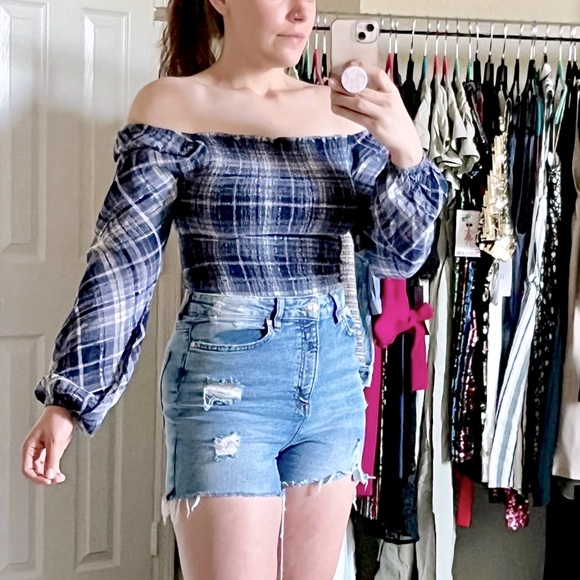 INC Blue Plaid Smock Puff Sleeve Off Shoulder Square Neck Top Blouse Convertible - Picture 4 of 5